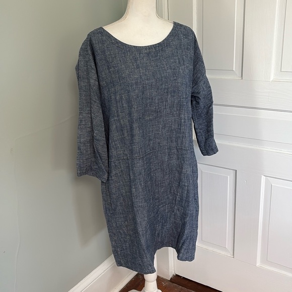 Eileen Fisher Dress 3/4 Sleeve Cotton Chambray Blue Oversized Medium - Picture 1 of 5